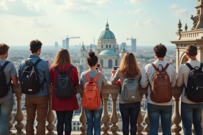 Groupe de touristes devant la ville historique