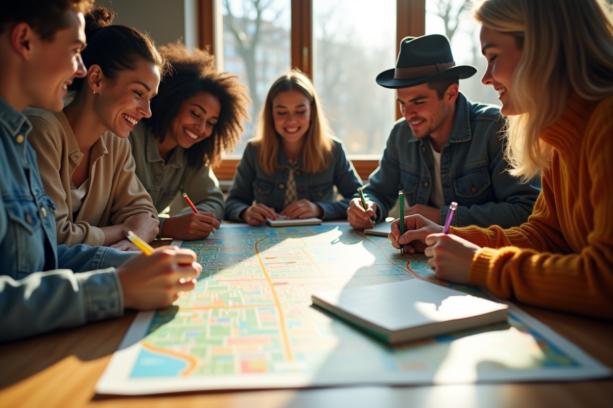 Groupe de voyageurs autour d'une carte en intérieur lumineux