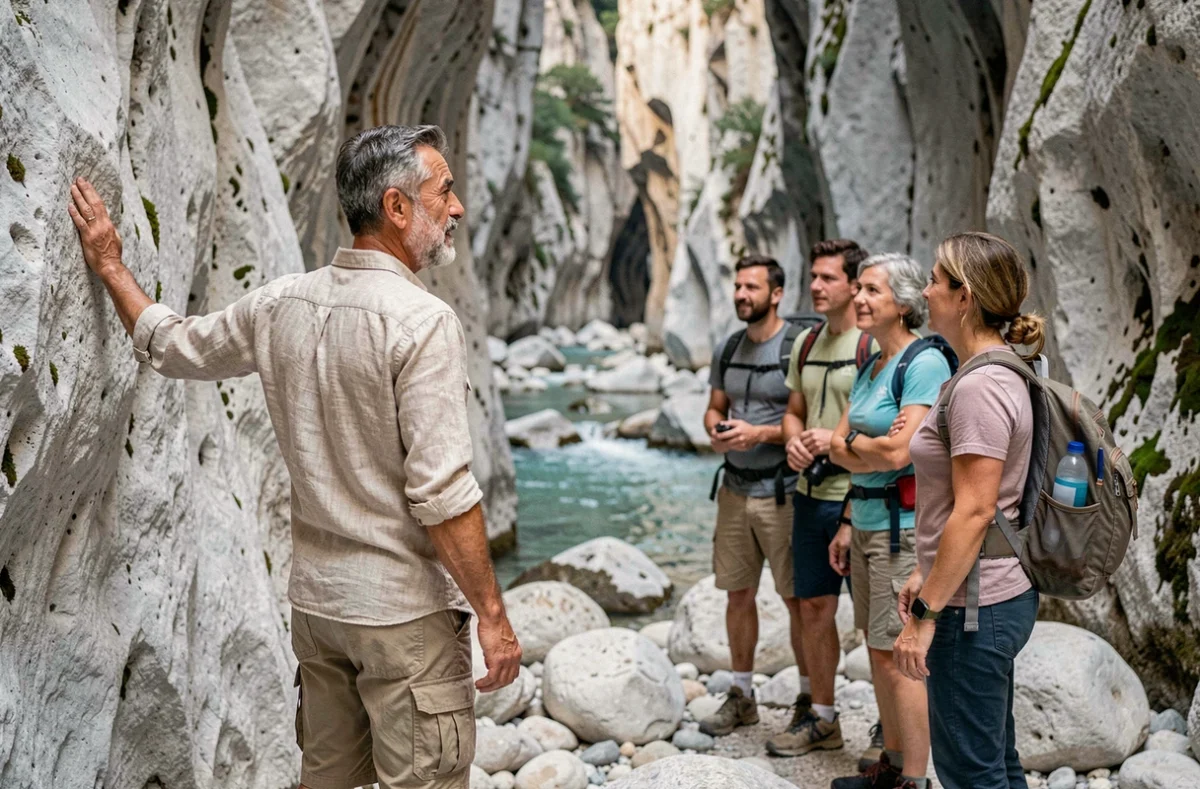 Guide local sarde expérimenté montrant des formations géologiques à un groupe de randonneurs au fond des gorges de Gorropu