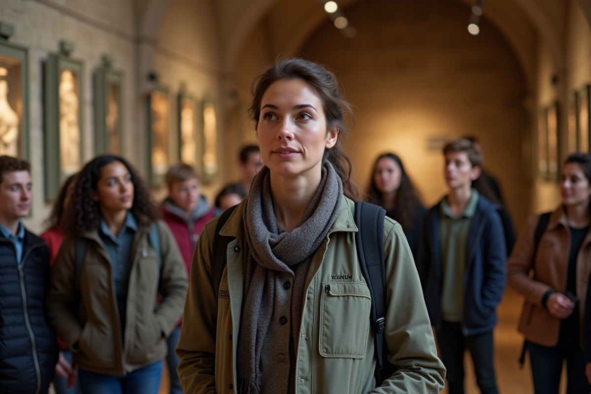 Guide touristique dans un musée ancien