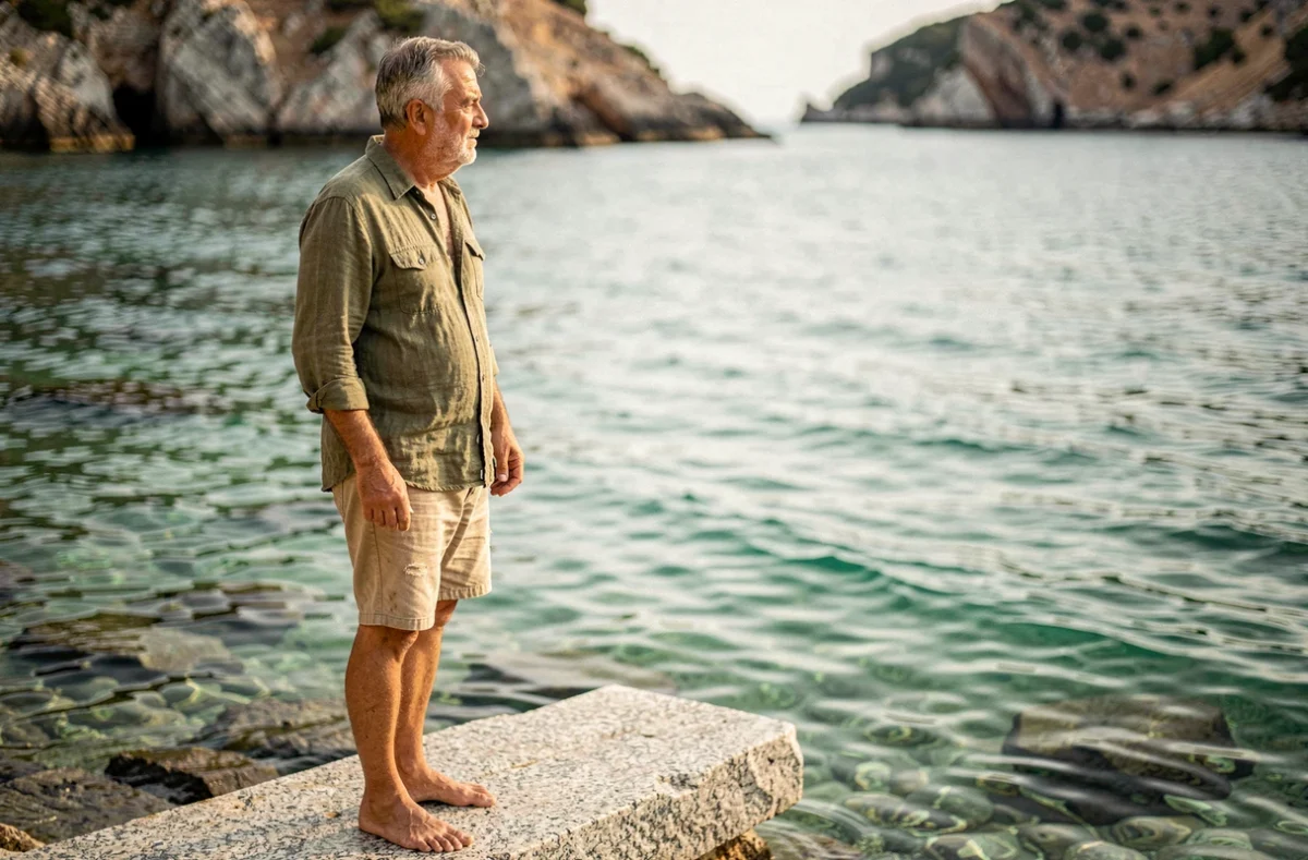 Homme local contemplant la mer depuis un rocher plat à Cala d'Orzu, Corse-du-Sud, ambiance authentique et méditative