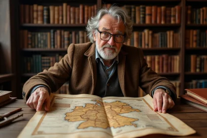 Historien consultant une ancienne carte géographique de l'Allemagne dans une bibliothèque universitaire