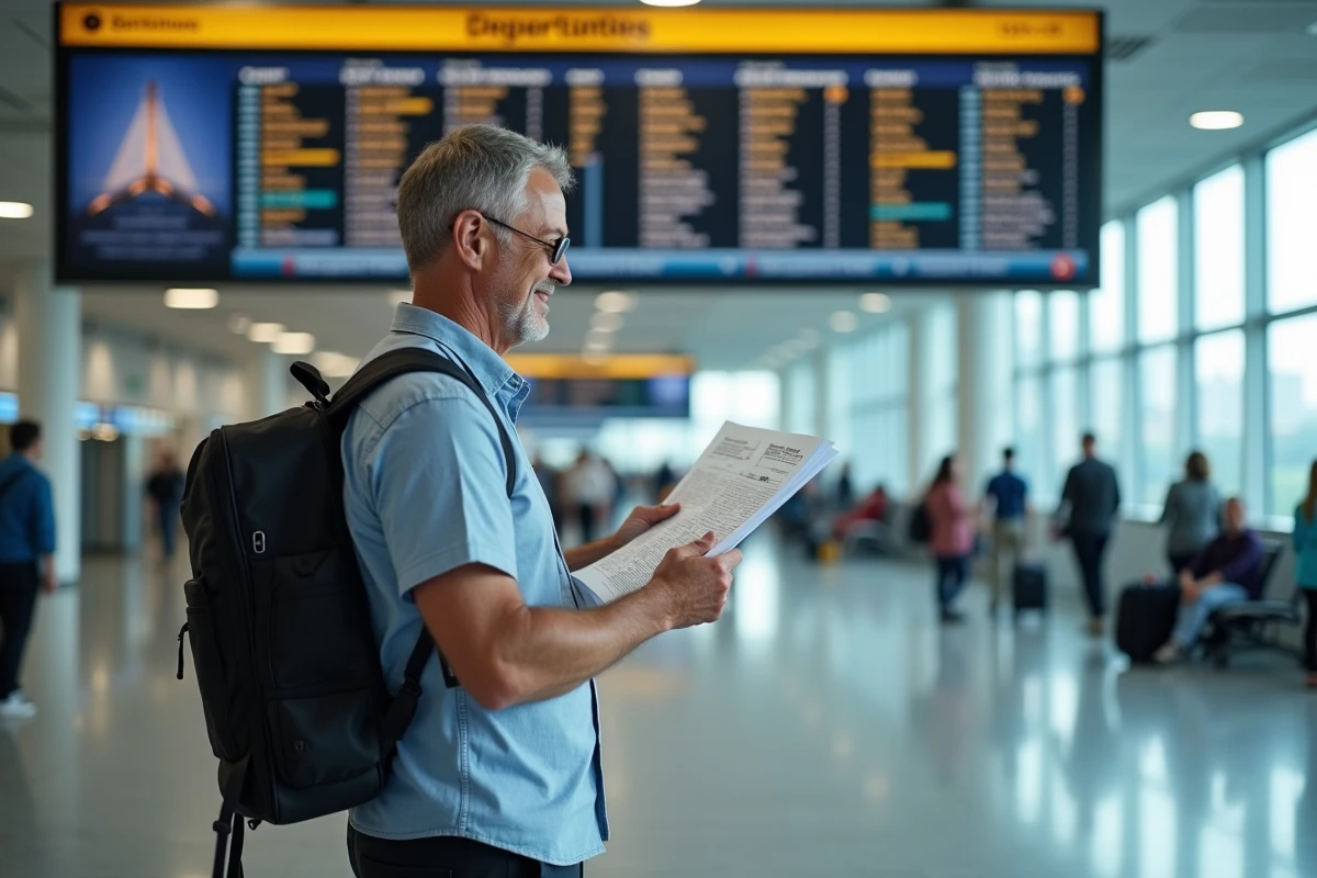 Homme avec sac à dos regardant le tableau des départs à l