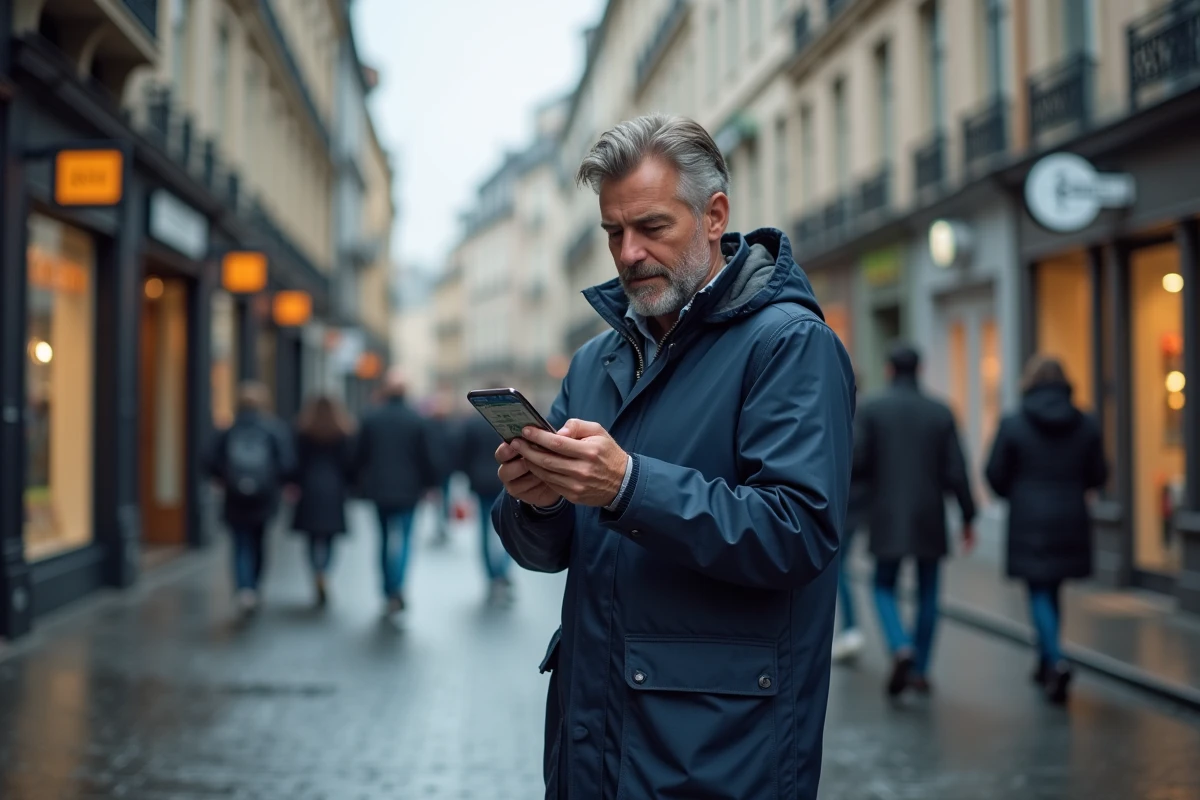 Homme consultant une application de navigation GPS sur smartphone dans une rue piétonne européenne