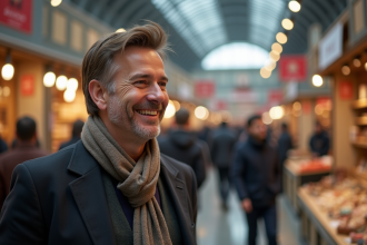 Homme d'âge moyen souriant à la Foire de Paris