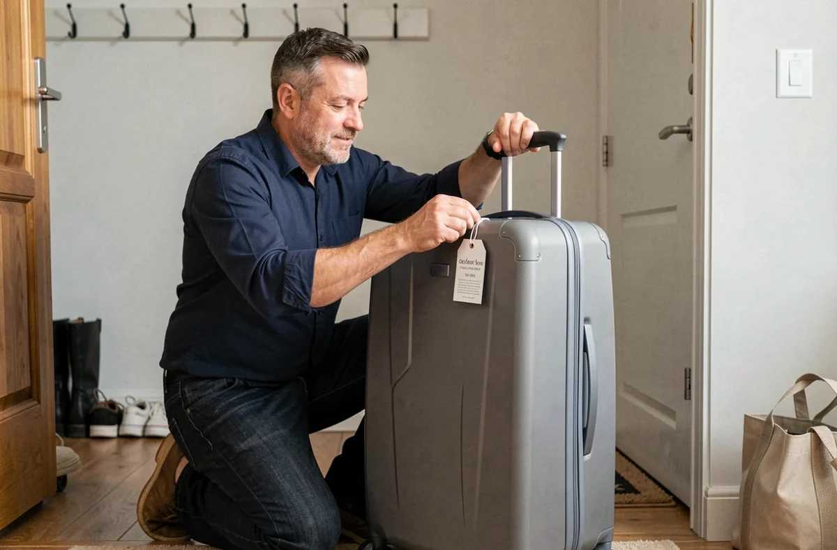 Homme attachant une étiquette valise imprimée PDF à la poignée d'une valise rigide grise