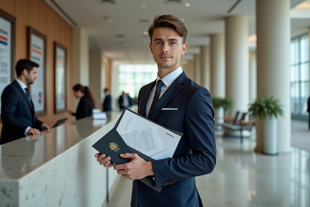 Jeune homme avec passeport dans un espace consulaire moderne