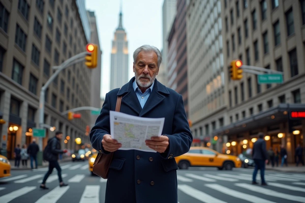 Homme v&eacute;rifiant une carte &agrave; Manhattan avec Woolworth en arri&egrave;re-plan
