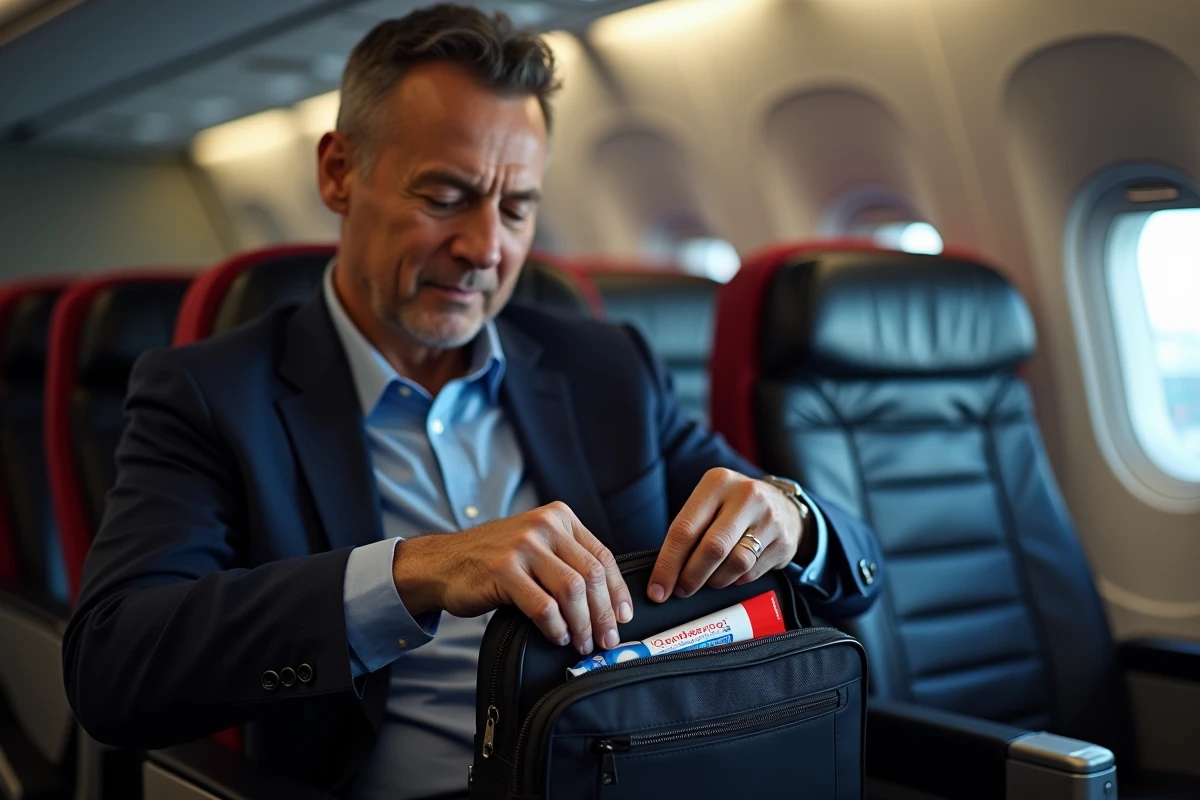 Homme en avion ouvrant sa trousse de toilette