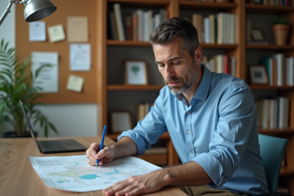 Homme d'âge moyen au bureau examine une carte et une checklist
