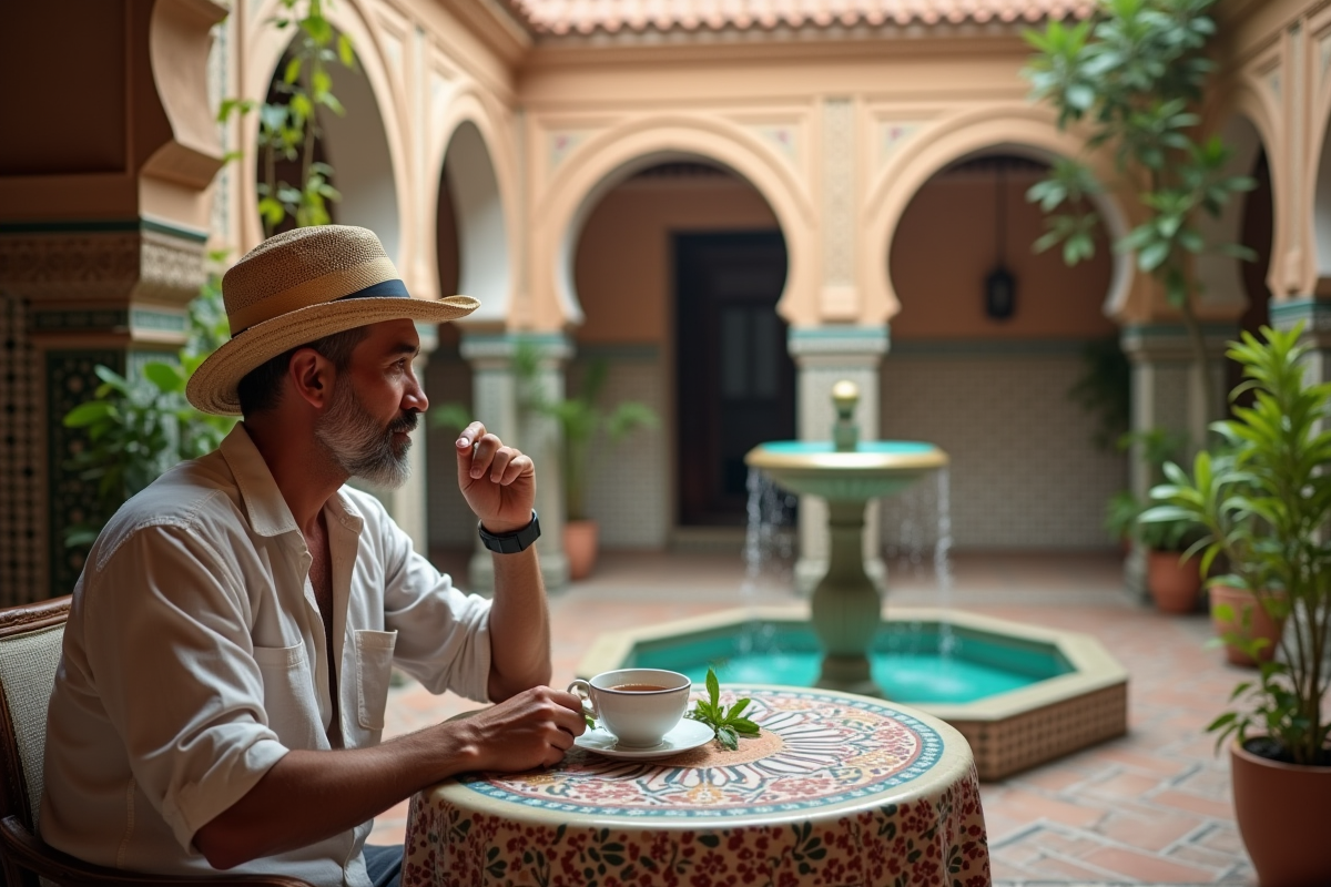 Homme voyageur dégustant thé à Marrakech dans un riad