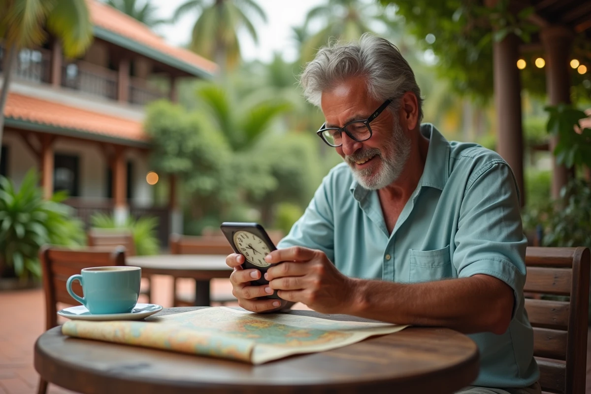 Homme consultant les fuseaux horaires sur son téléphone dans un café tropical à La Réunion
