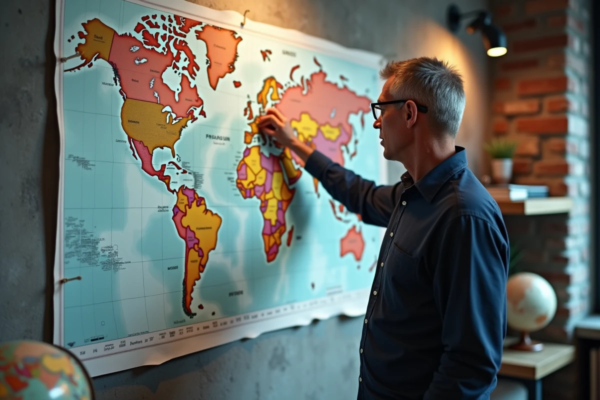 Homme examinant une carte du monde papier à la recherche d'un pays ou d'une ville en X