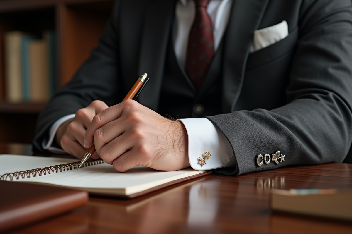 Homme en costume avec broche étoile dans un bureau moderne
