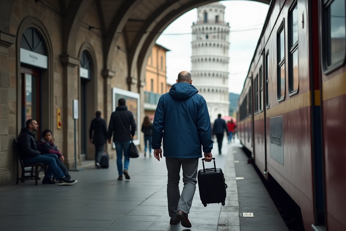 Homme sortant du train à la gare de Pise avec la tour