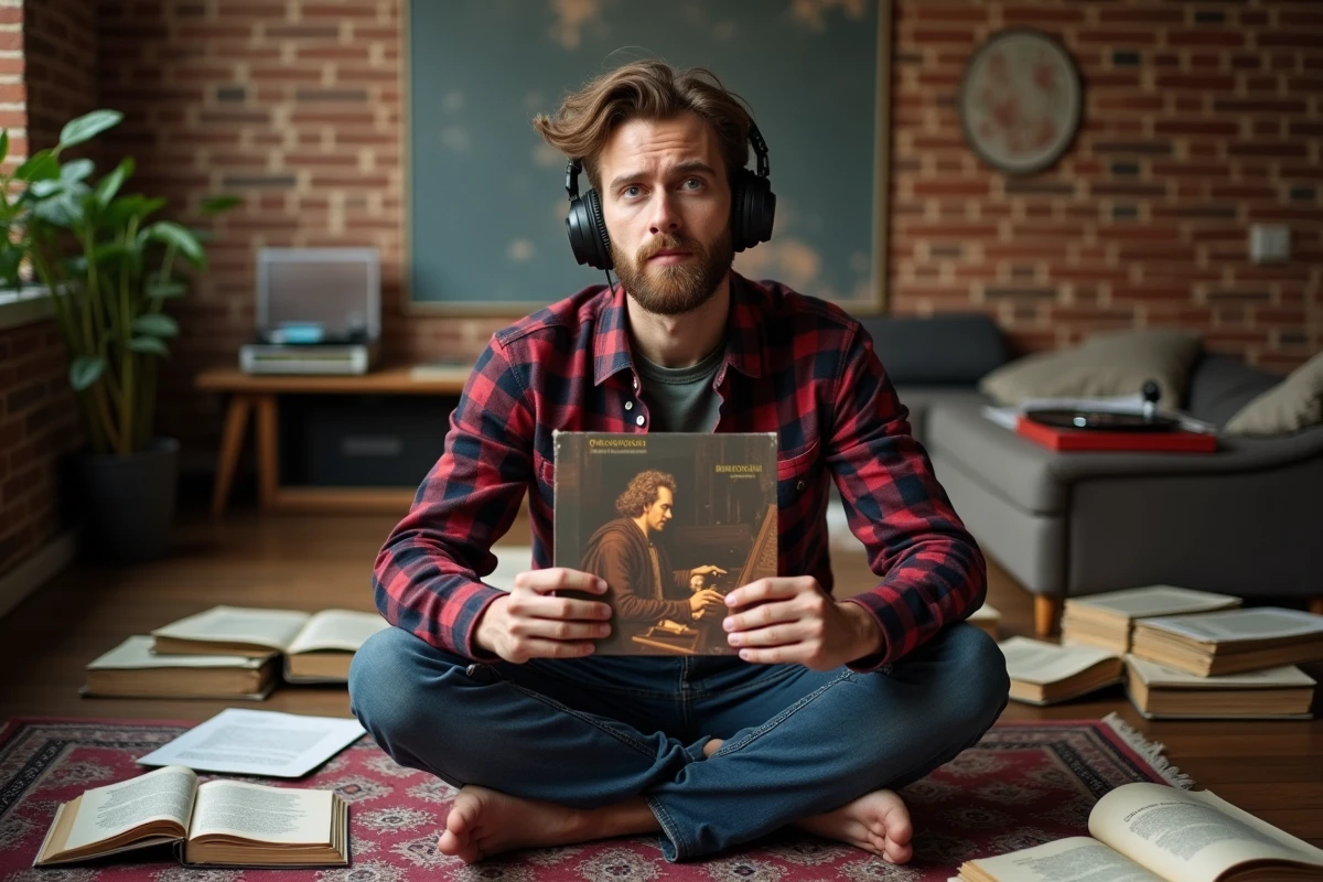 Homme barbu en chemise à carreaux explorant des vinyles et des livres sur la musique baroque chez lui