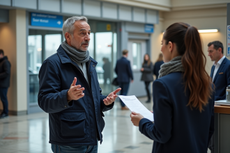 Homme d'âge moyen parlant à une agente de service public