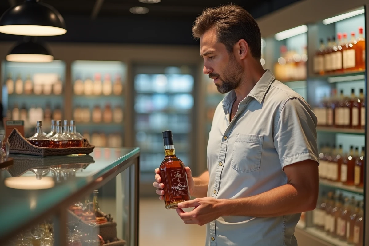 Homme français examinant l'étiquette de prix d'une bouteille d'alcool dans une boutique espagnole