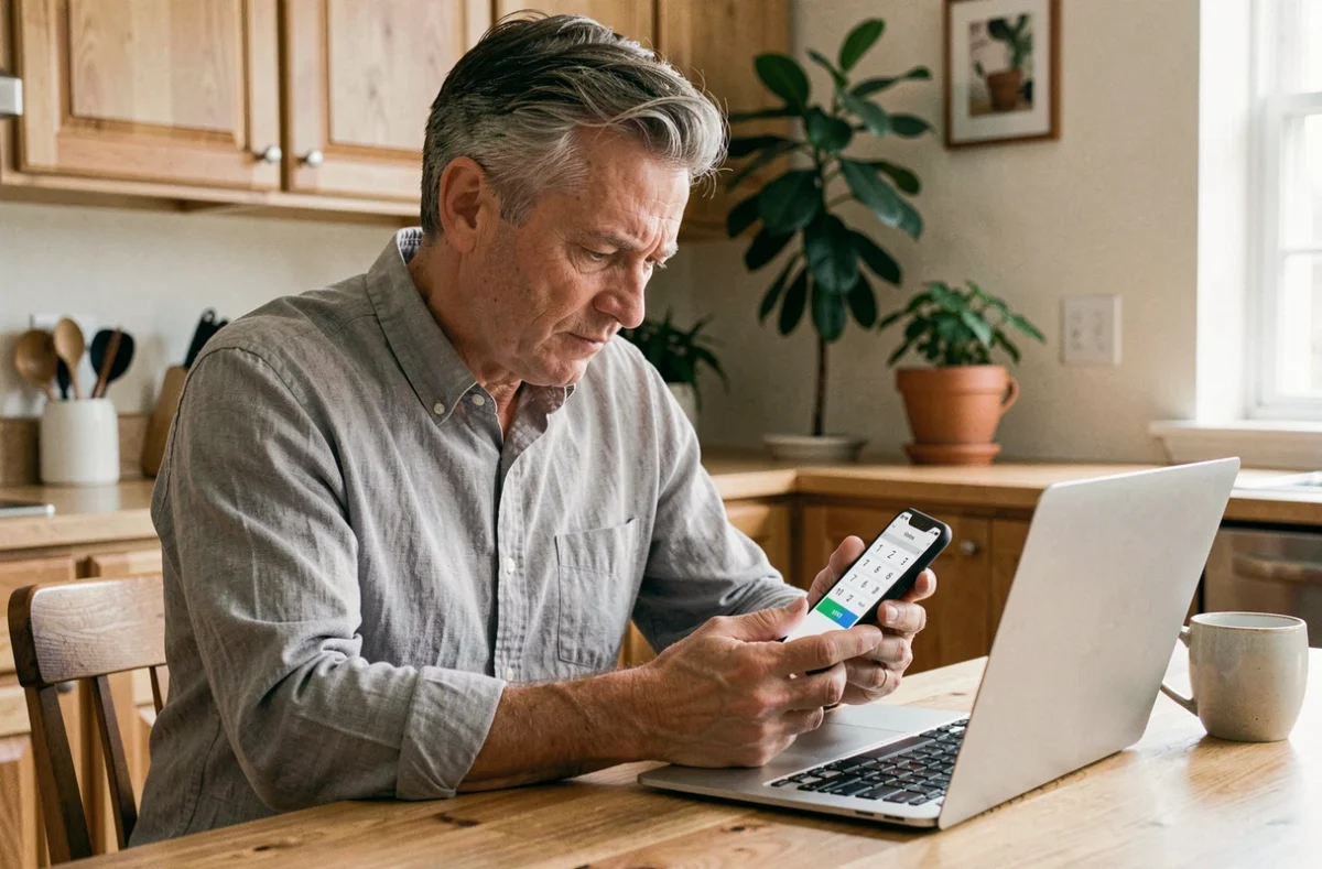 Homme d'une quarantaine d'années consultant l'indicatif international sur son smartphone depuis une cuisine, erreurs courantes lors d'appels internationaux