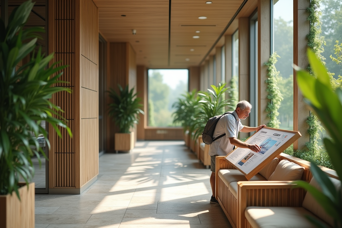 Homme lisant une affiche sur l énergie renouvelable dans un hôtel