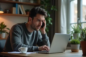 Homme inquiet au bureau avec smartphone et ordinateur