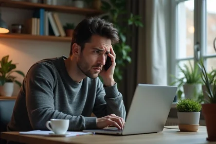 Homme inquiet au bureau avec smartphone et ordinateur