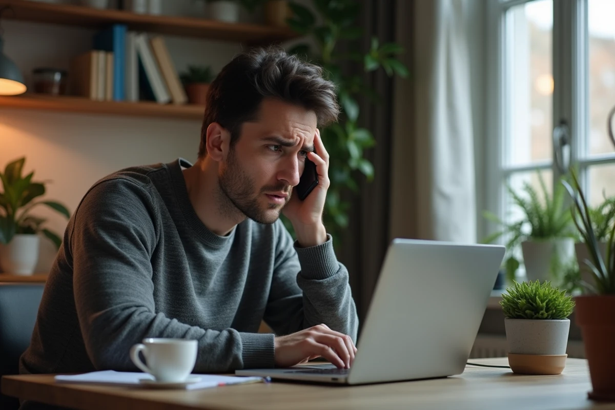 Homme inquiet au bureau avec smartphone et ordinateur
