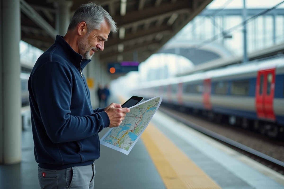 Homme consultant un itinéraire et une carte de trajet sur une tablette sur le quai d'une gare moderne avant de prendre le train