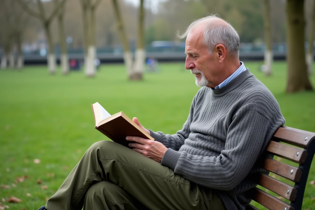 Homme lisant un livre sur un banc dans un parc verdoyant d'Amsterdam par temps nuageux