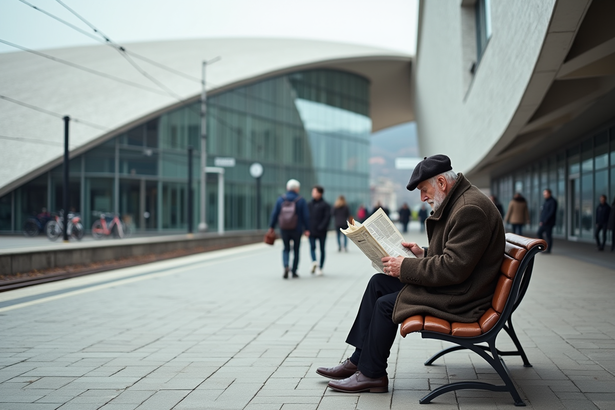 Homme âgé lisant un journal devant la station Liège Guillemins