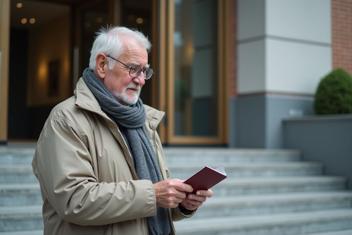 Homme âgé devant la mairie avec son passeport à la main