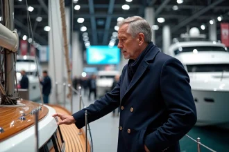 Homme en peacoat examinant un voilier au salon de Paris