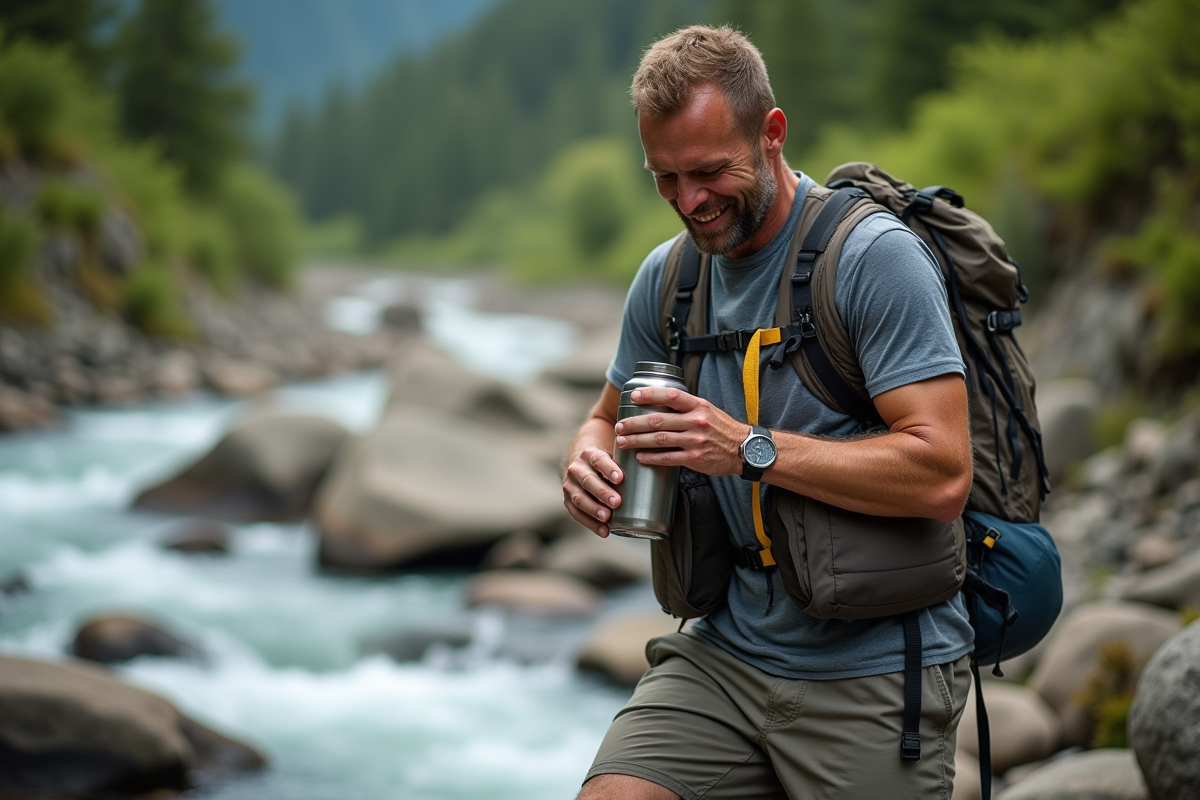 Homme randonneur versant une boisson dans un gobelet en nature