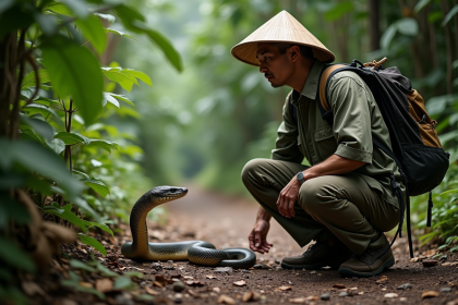 Homme vietnamien observant un serpent dans la jungle tropicale