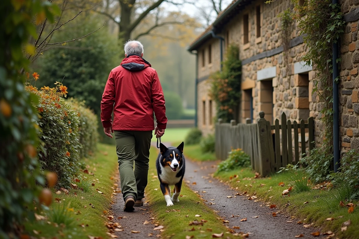 Homme marche avec chien border collie pr&egrave;s maison normande