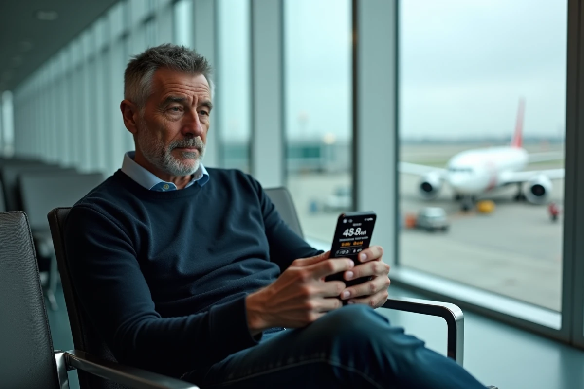 Homme consultant une application de fuseaux horaires sur smartphone dans une salle d'embarquement pour gérer son escale avant Miami