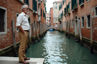 Homme venetien au bord du canal avec bâtiments anciens