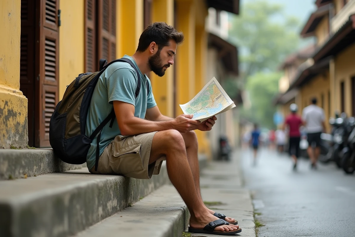 Homme europ&eacute;en planifiant son trajet devant un b&acirc;timent colonial