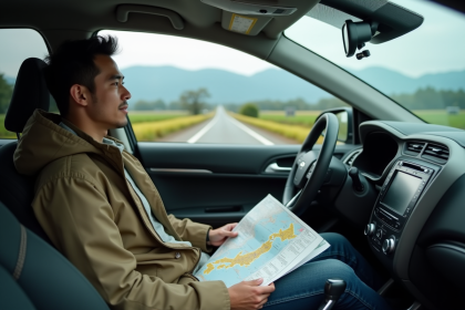 Homme au volant d'une voiture avec carte du Japon &agrave; c&ocirc;t&eacute;