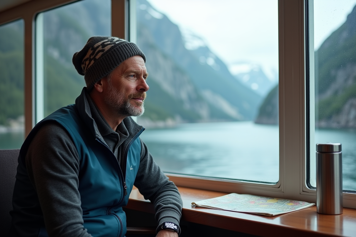 Homme contemplant le fjord depuis la cabine du bateau