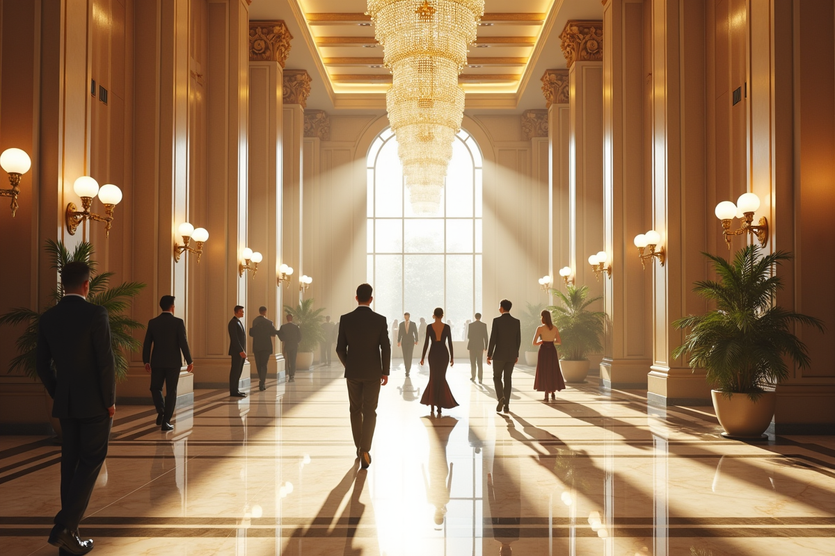 Hall d'hôtel élégant avec lustres en cristal et invités sophistiqués
