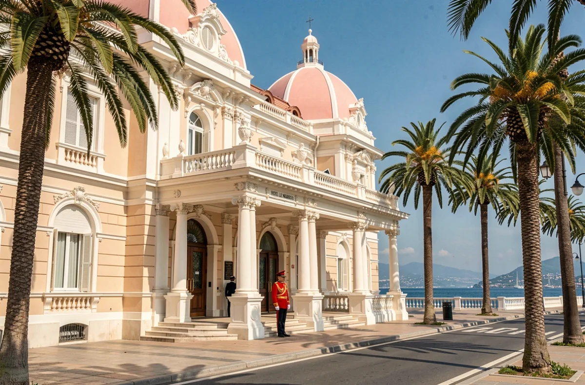 Façade Belle Époque de l'Hotel Le Negresco à Nice avec son dôme rose emblématique et son portier en uniforme sur la Promenade des Anglais