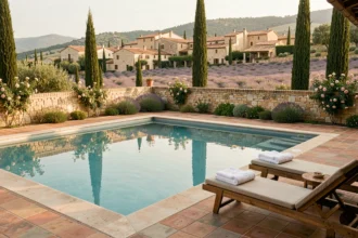 Piscine extérieure d'un hôtel de luxe en Provence avec transats blancs, eau turquoise et village perché en arrière-plan