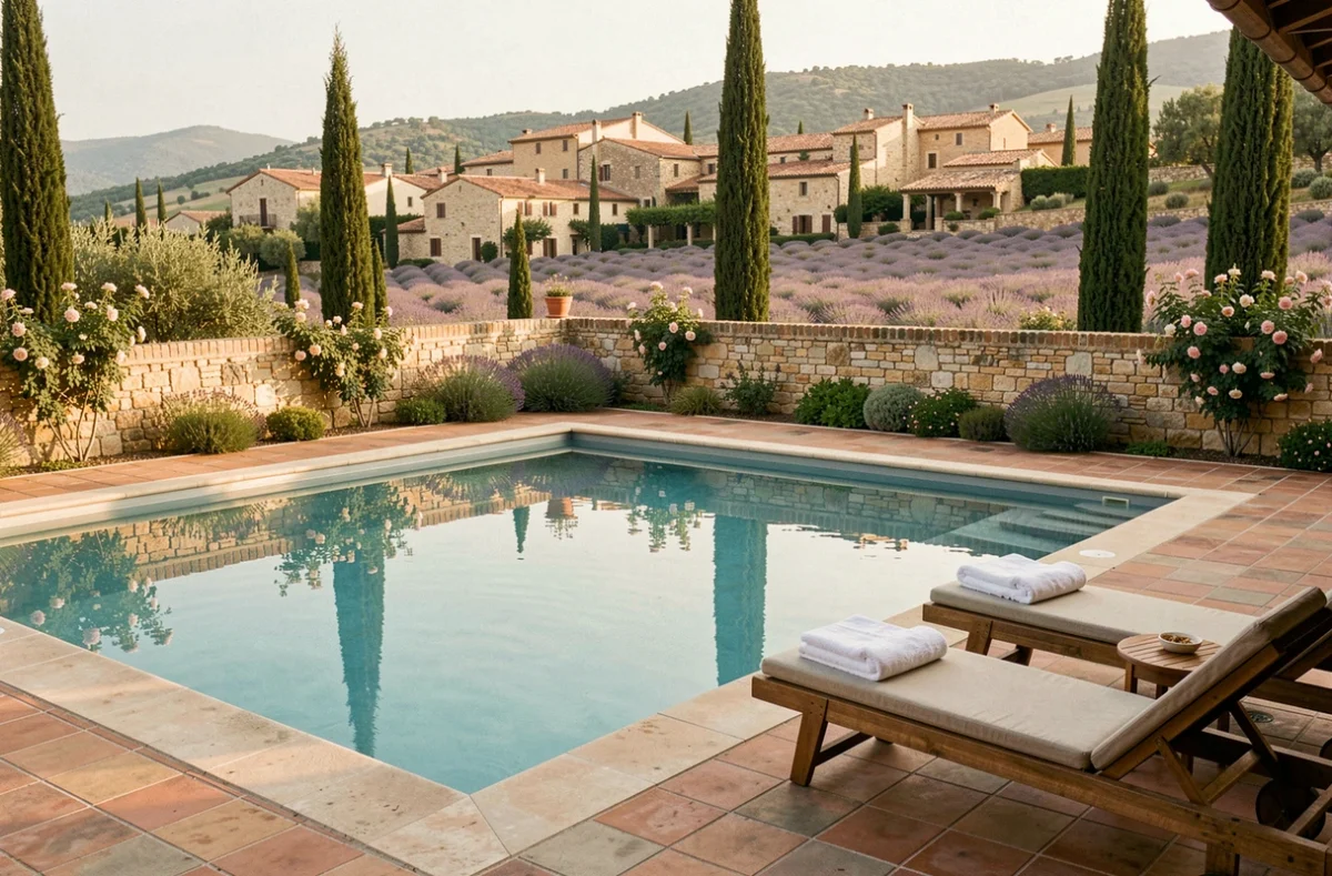Piscine extérieure d'un hôtel de luxe en Provence avec transats blancs, eau turquoise et village perché en arrière-plan