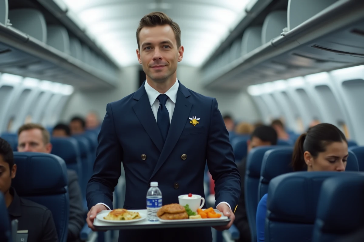 Hôtesse de l'air French bee servant un repas à bord d'un vol transatlantique Paris-New York