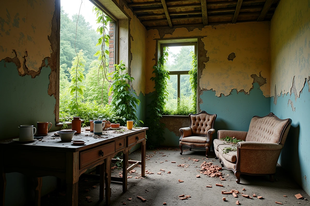 Intérieur délabré d'une ferme abandonnée en France avec mobilier effondré et végétation envahissante