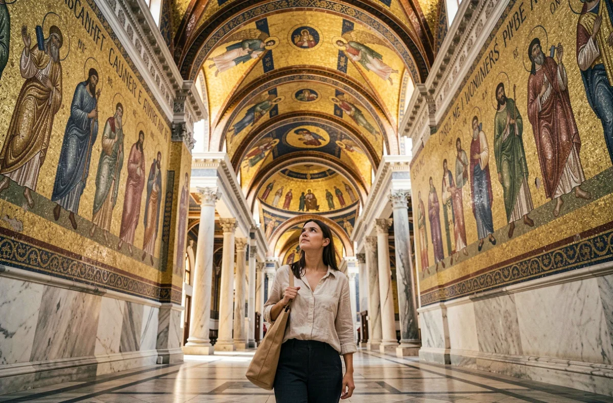 Intérieur de la cathédrale de Monreale avec ses mosaïques dorées byzantines et une visiteuse admirant la nef
