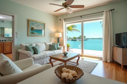 Intérieur d'une villa au Coral Lagoon Resort de Marathon en Floride avec salon ouvert, mobilier tropical et vue sur le canal