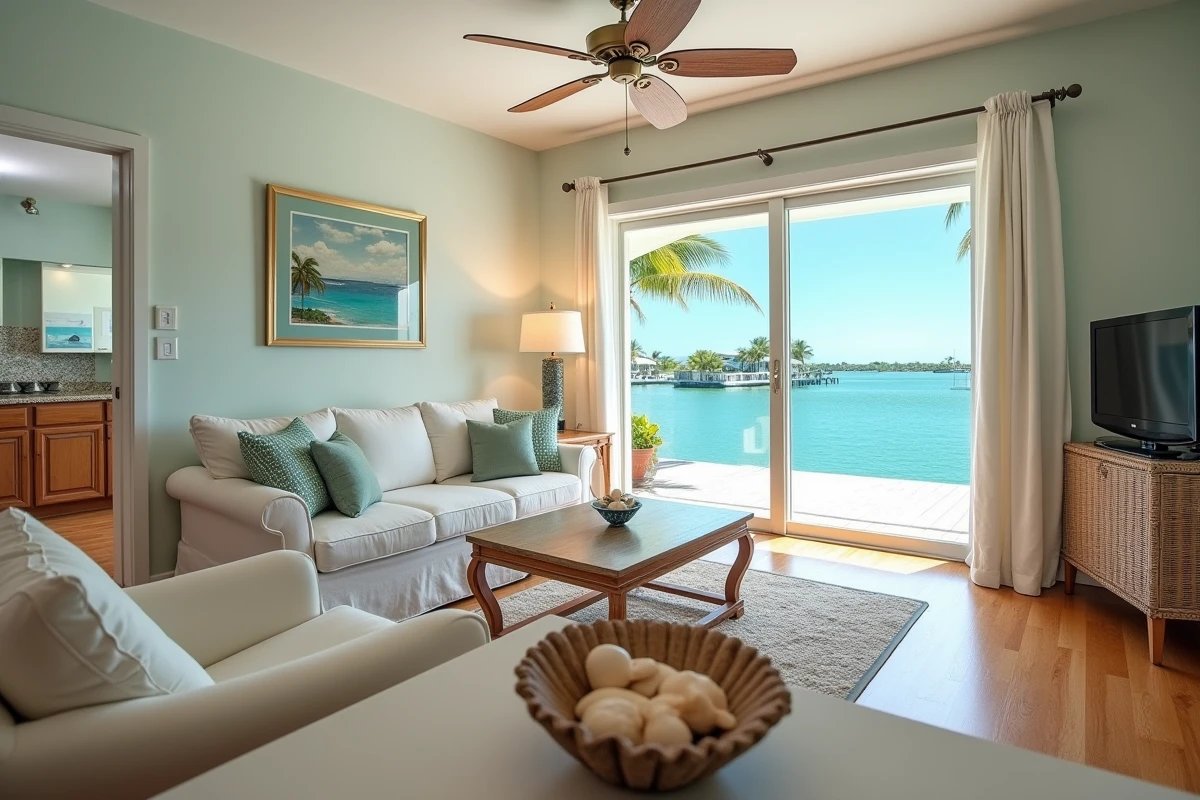 Intérieur d'une villa au Coral Lagoon Resort de Marathon en Floride avec salon ouvert, mobilier tropical et vue sur le canal