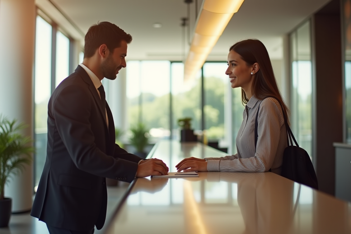 Jeune adulte s'enregistrant à la réception d'hôtel moderne